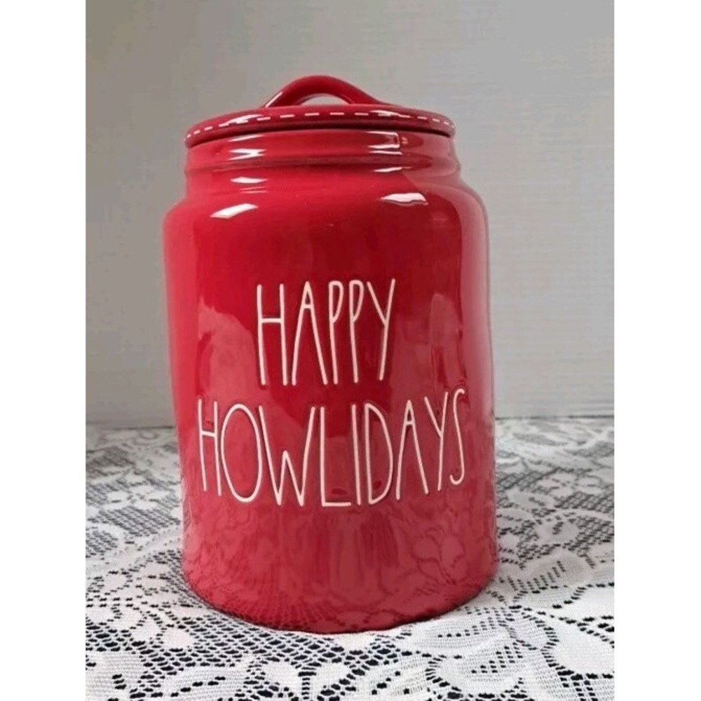 Rae Dunn by Magenta HAPPY HOWLIDAYS Red Ceramic Canister Fur baby Treat Jar